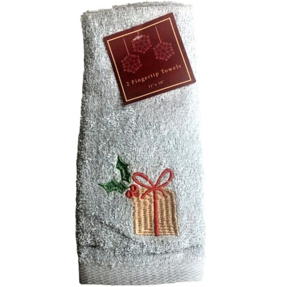 Christmas Fingertip Towels Gold Present Holly Blue Embroidered Bathroom Set of 2